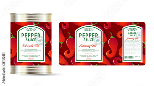 Pepper Sauce Extreme Hot label and packaging. Can with label. Text in frames on seamless pattern with ripe peppers.