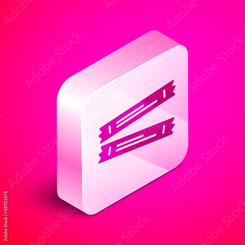 Isometric Sugar stick packets icon isolated on pink background. Blank individual package for bulk food products as coffee, salt, spices. Silver square button. Vector.
