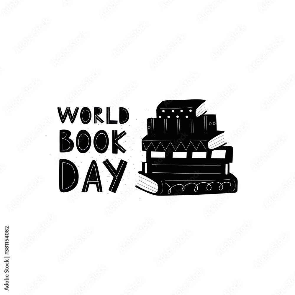 Stack of books with lettering flat illustration. Hardback books black color. Design for holidays, literacy, library, reading, education, teaching, learning concept isolated on white.