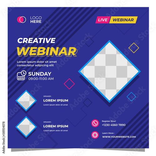 Minimalist social media post template for Business Webinar, Creative webinar, Online Education and other online seminars. with Navy color and Memphis style background