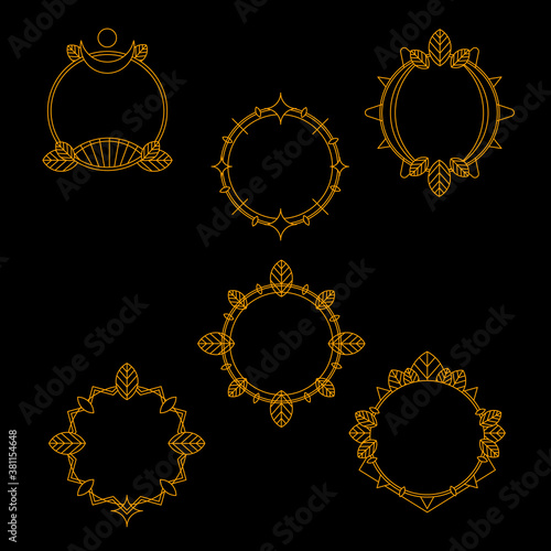 Round geometrical vector badges in ethnic style. Graphical elements with leaves, flowers, stars and moon. Clean ans simple ornaments for spiritual designs of your postcards, banners, labels, stickers