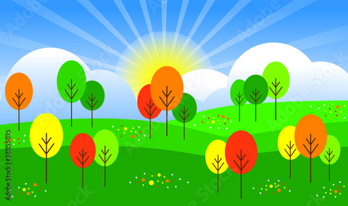 Vector illustration. Mountain, field, trees and forest landscape.