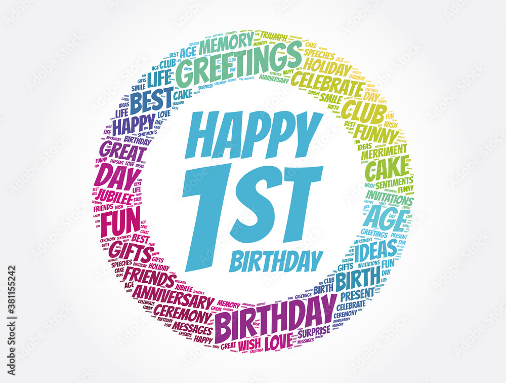 Fototapeta premium Happy 1st birthday word cloud, holiday concept background