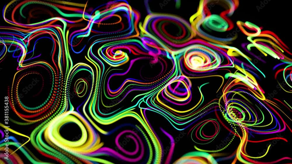 flow of particles forms curled lines like glow trails of different colors, lines form swirling pattern like curle noise. Abstract 3d looping flowing animation as bright creative festive background flow of particles forms curled lines like glow trails of different colors, lines form swirling pattern like curle noise. Abstract 3d looping flowing animation as bright creative festive background