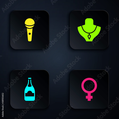 Set Female gender symbol, Microphone, Champagne bottle and Necklace mannequin. Black square button. Vector.