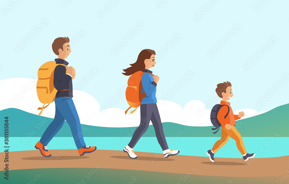 Naklejka premium Happy family travels with backpacks in nature. Father, mother and son are walking along the road along the lake. Vector cartoon illustration.