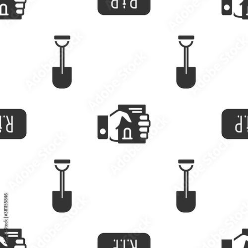 Set Speech bubble rip death, Death certificate in hand and Shovel on seamless pattern. Vector.
