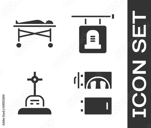 Set Crematorium, Dead body in the morgue, Grave with cross and Signboard tombstone icon. Vector.