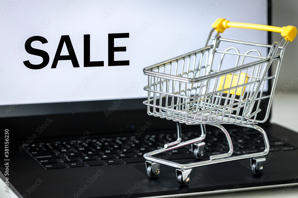 shopping cart on laptop keyboard. Monitor screen with the word SALE. The concept of online shopping and sales in online stores