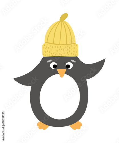 Vector penguin in yellow hat. Cute winter bird illustration. Funny Christmas card design. New Year print with smiling character.