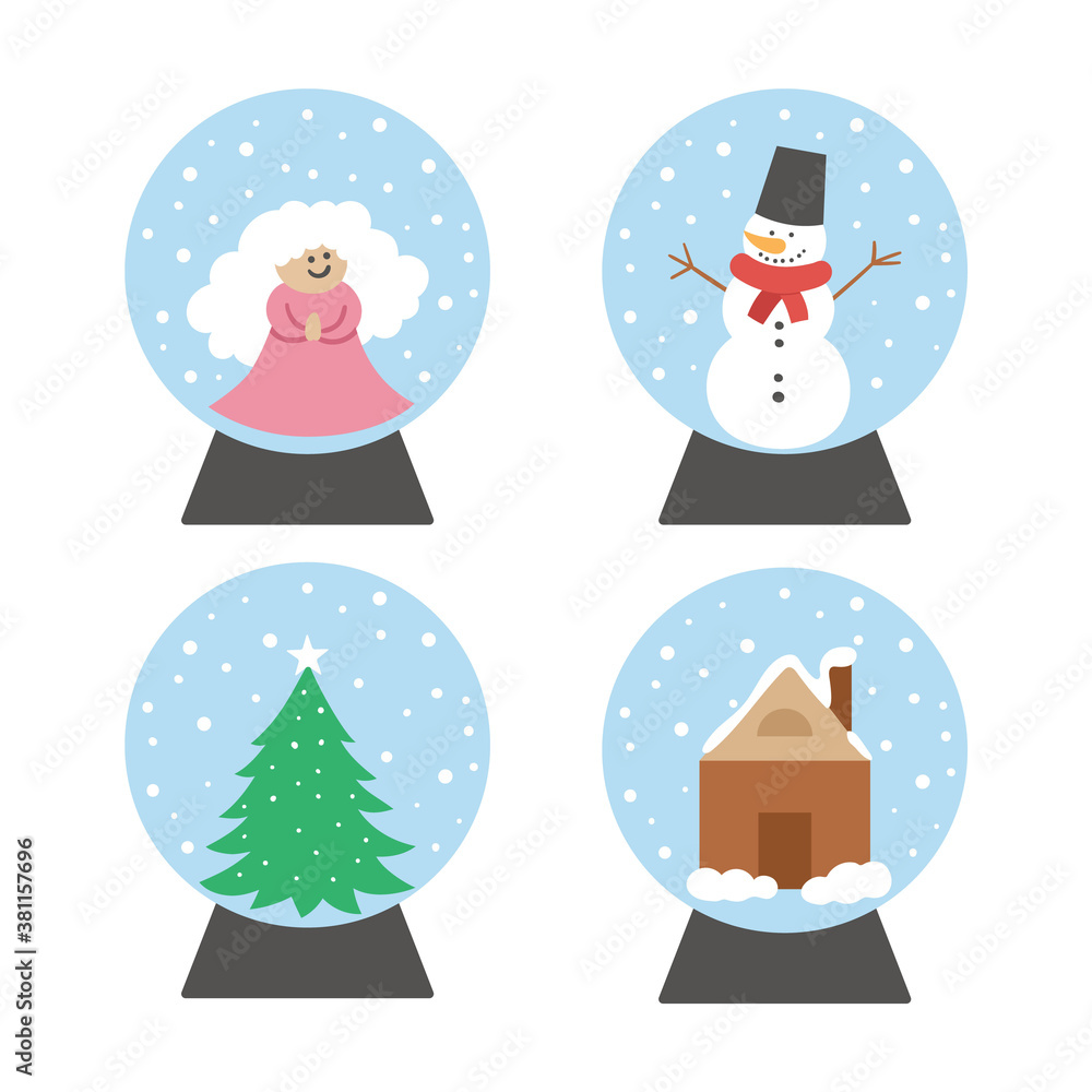 Vector set of snow globes with snowman, angel, fir tree, house. New Year decor items pack. Christmas tree toy isolated on white background. Cute winter Holidays balls for festive decorations.. Vector set of snow globes with snowman, angel, fir tree, house. New Year decor items pack. Christmas tree toy isolated on white background. Cute winter Holidays balls for festive decorations..