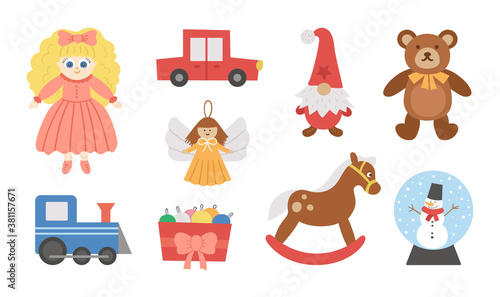 Cute Christmas toys collection. Vector New Year gifts for kids. Santa Claus presents for children. Rocking horse, Teddy bear, doll, gnome, car, train isolated on white background..
