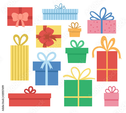 Vector set of cute presents with bows. Funny birthday or Christmas gift boxes collection. Bright holiday illustration for kids. Cheerful celebration icons isolated on white background..