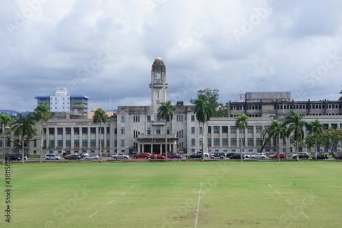 A clock tower in the center of Fiji's capital Suva in the colonial style on the island of Viti Levu in the Fiji archipelago in the Pacific Ocean