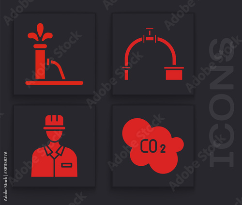 Set CO2 emissions in cloud, Oil pump or pump jack, Industry pipe and valve and Oilman icon. Vector.