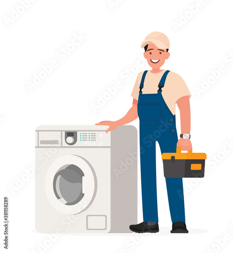 Happy repairman and washing machine. Vector illustration.