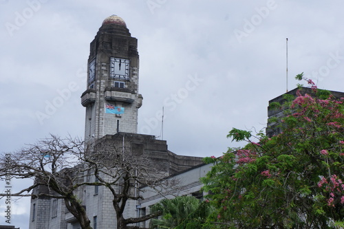 A clock tower in the center of Fiji's capital Suva in the colonial style on the island of Viti Levu in the Fiji archipelago in the Pacific Ocean