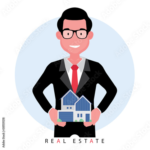 Real estate business feature a broker or realtor offering a house by standing while holding a model of property