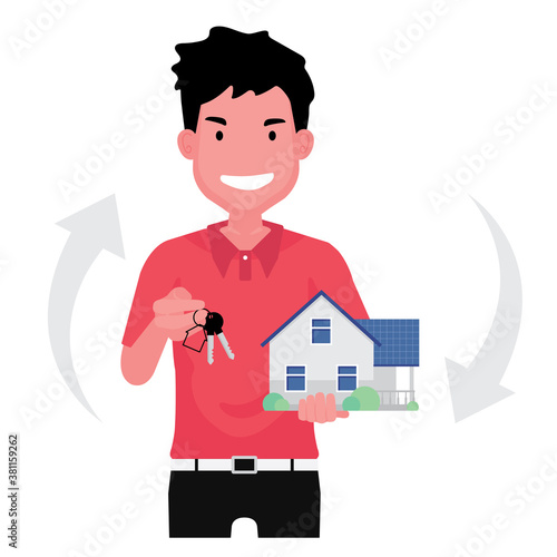 Real estate business showing a realtor sell the house feature a man standing and holding a house with key