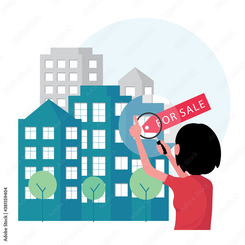 Real estate business offering building for sale feature a man holding magnifying Real estate business offering building for sale feature a man holding magnifying