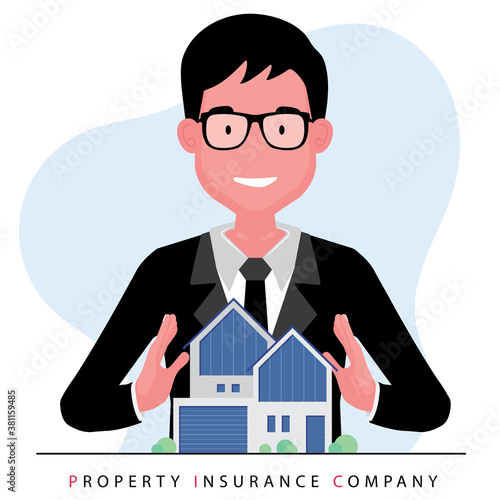 Real estate business feature a broker or realtor offering a house by standing behind a model of property