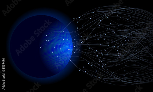 Blue abstract background with lines and sphere. Big data visualization.