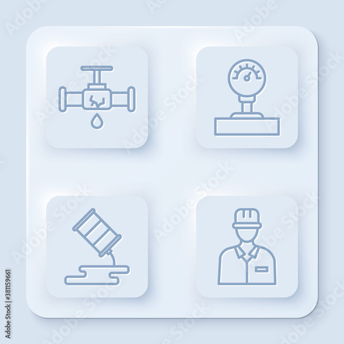 Set line Broken pipe with leaking water, Gauge scale, Barrel oil leak and Oilman. White square button. Vector.