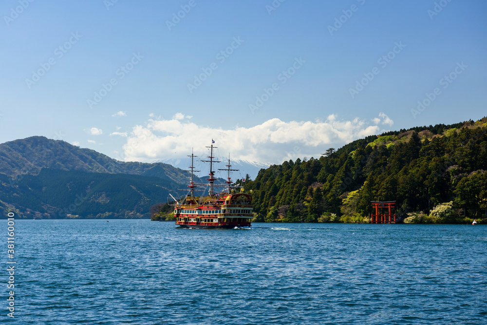 Tourist cruise on ashi lake at torii gate of Hakone Tourist cruise on ashi lake at torii gate of Hakone