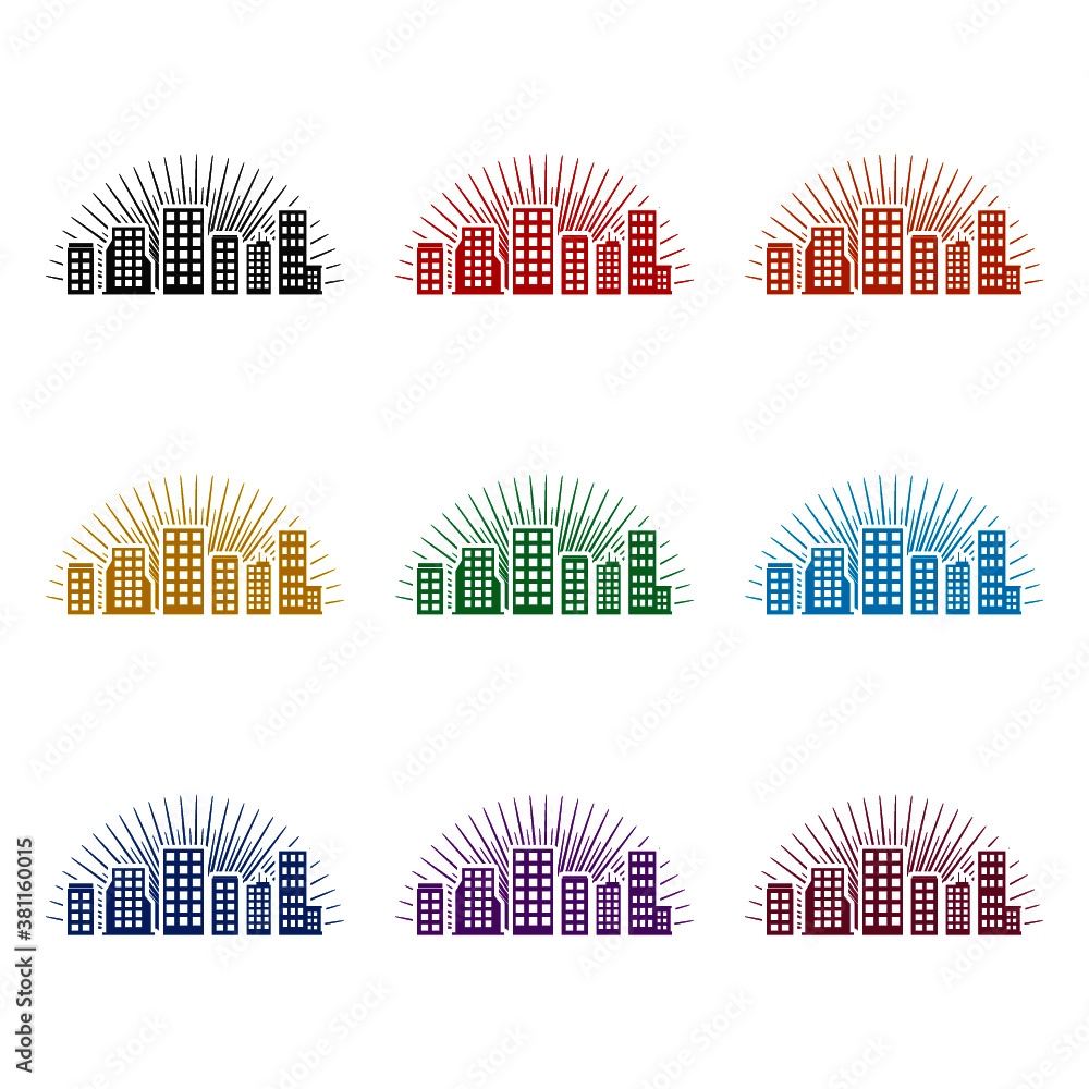 Sunset city home icon, color set
