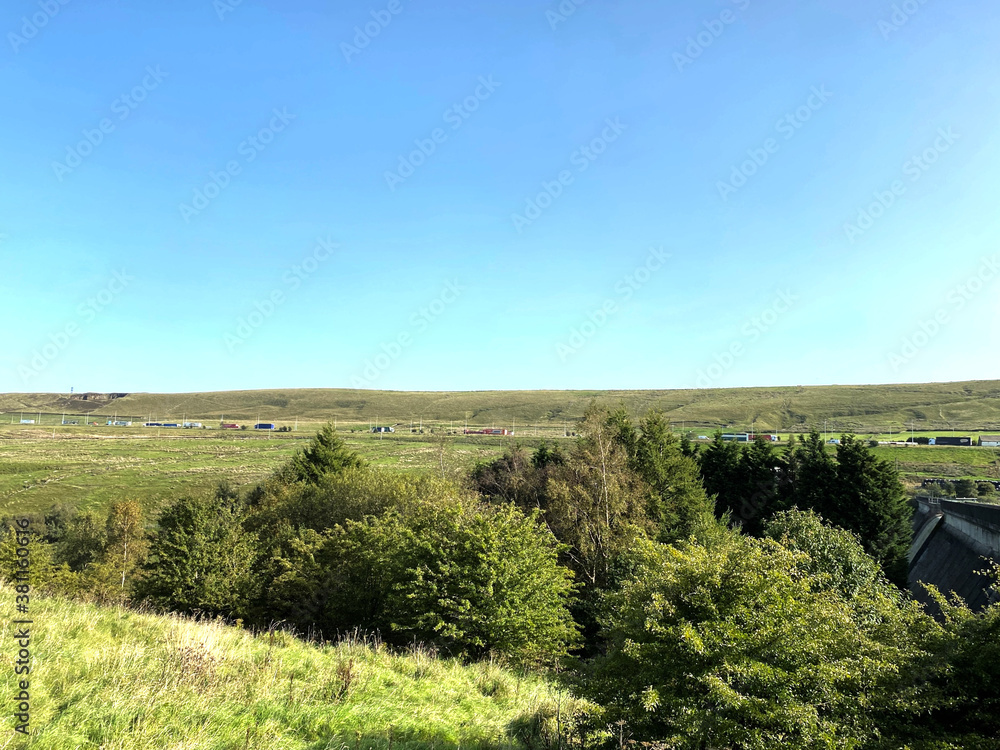 Landscape view, looking from, Pike End Road, toward the M62 motorway, on a hot summers day near, Ripponden, Halifax, UK