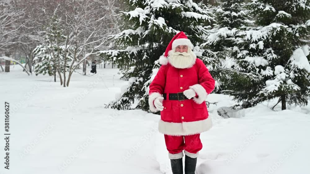 Santa Claus walks in the park and waves his hand in greeting Santa Claus walks in the park and waves his hand in greeting