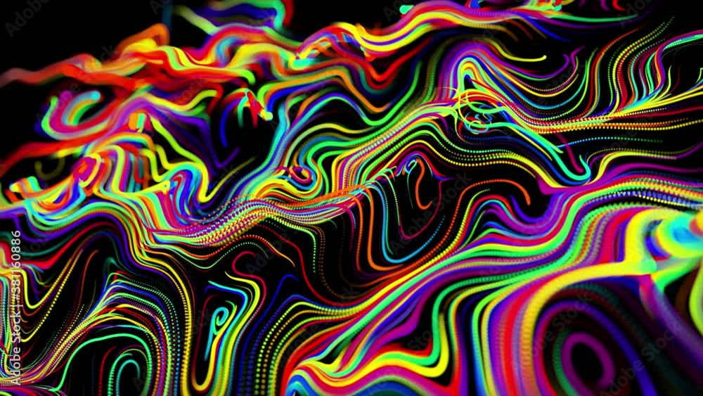flow of particles forms curled lines like glow trails of different colors, lines form swirling pattern like curle noise. Abstract 3d looping flowing animation as bright creative festive background flow of particles forms curled lines like glow trails of different colors, lines form swirling pattern like curle noise. Abstract 3d looping flowing animation as bright creative festive background