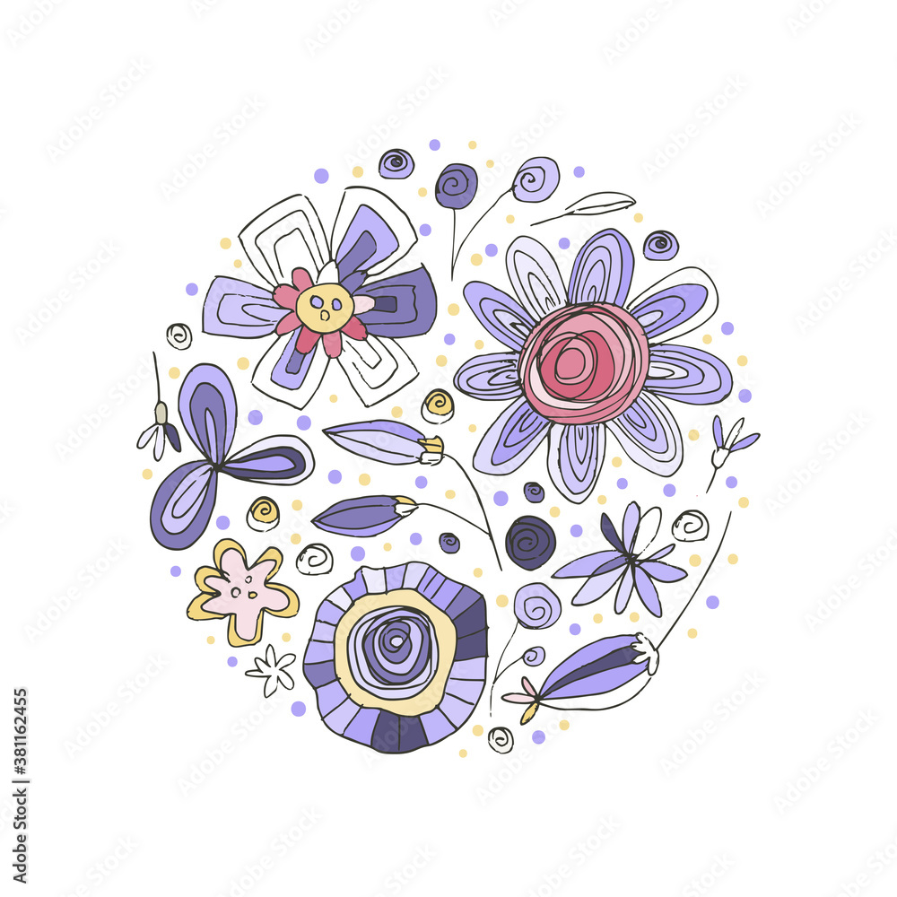 Fototapeta premium Floral round illustration with hand drawn flowers, leaves. Doodle kids drawing style. Cute artistic botanical composition, background for art print, wedding invitations, greeting cards.