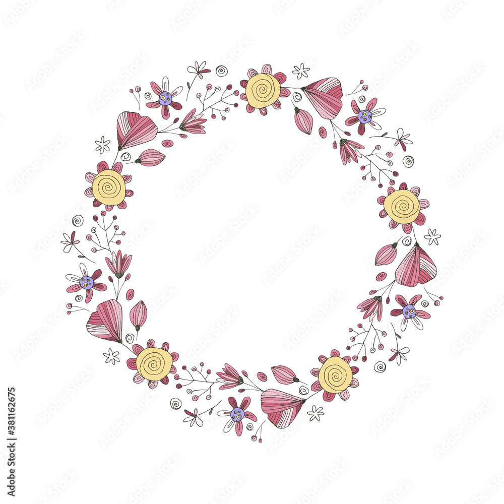 Retro Wedding Doodle Wreath Floral. Vector illustration for card invitation, greeting wedding art, hand drawn birthday graphic. Decorative nature decor.