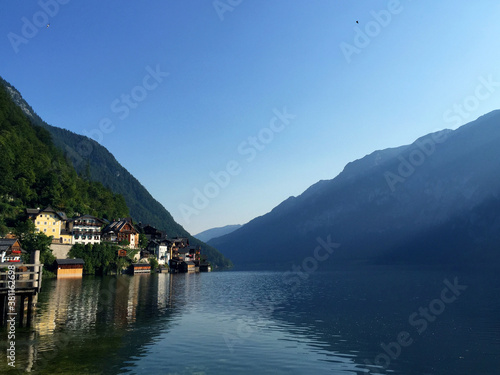 view of town with hill near lake in Hallstatt Upper Austria © April Wong