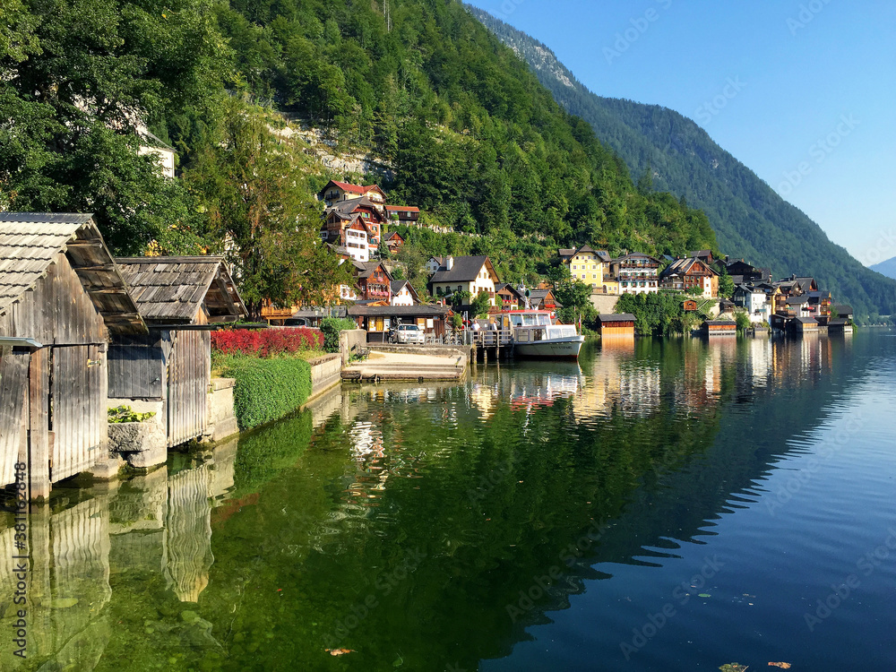 view of town with hill near lake in Hallstatt Upper Austria