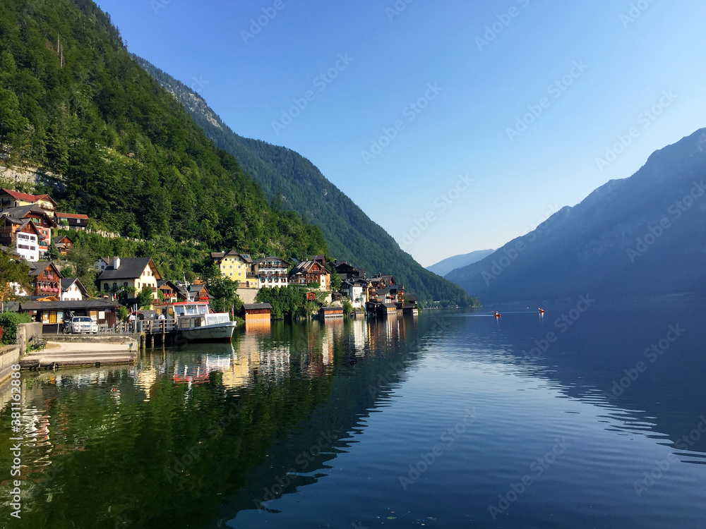 view of town with hill near lake in Hallstatt Upper Austria