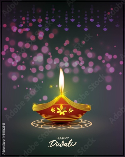 Vector greeting of Happy Diwali, Dipawali, Indian festival, festival of lights, diya lamp, oil lamp, diya danglers, patterns, colorful bokeh background, vector illustration banner, holiday wishes post