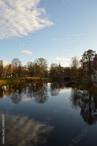 Stunning autumn landscape, colors and water reflections in Riga, Latvia