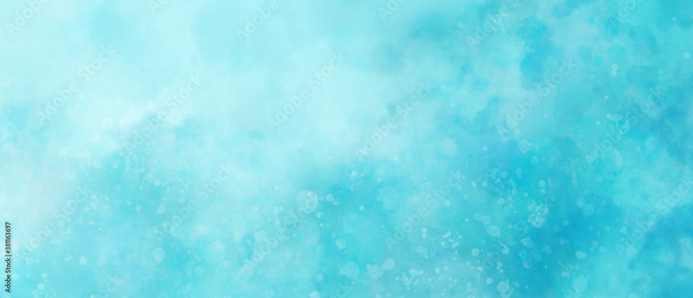 blue watercolor background texture with white abstract painted clouds in sky with bokeh lights or paint spatter in soft textured grunge design