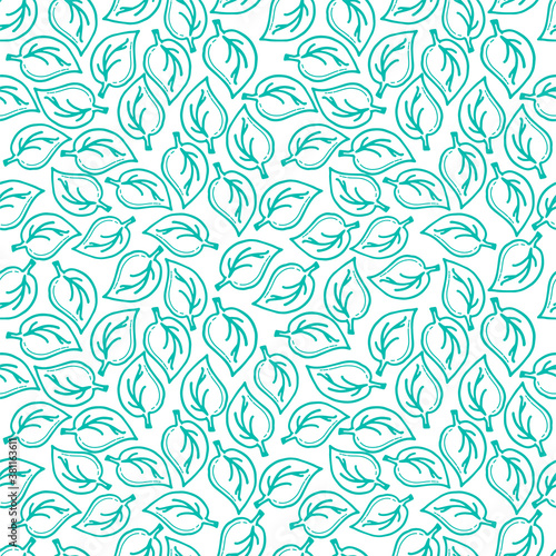 seamless pattern with blue outline leaf isolated on white background. hand drawn vector. doodle plant. modern scribble for kids, wallpaper, cover, fabric, backdrop, wrapping paper and gift. cartoon. 