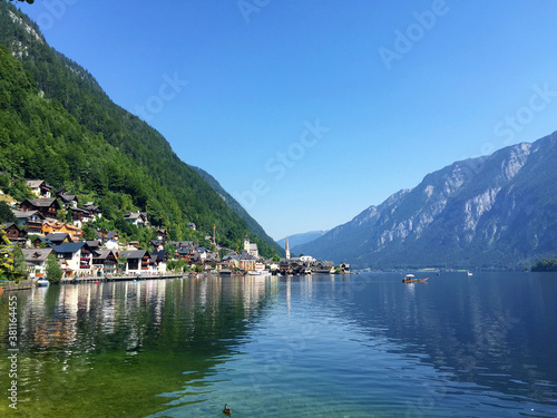 view of town with hill near lake in Hallstatt Upper Austria