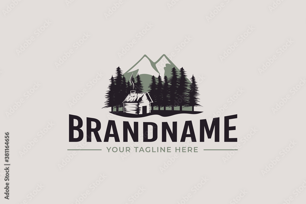 cabin logo vector graphic with pines and mountain for any business cabin logo vector graphic with pines and mountain for any business