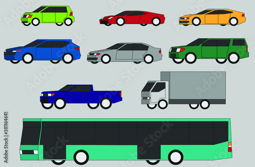 Collection of vehicle side view simplicity flat design. Vector illustration.