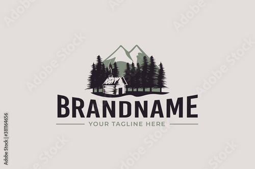 cabin logo vector graphic with pines and mountain for any business