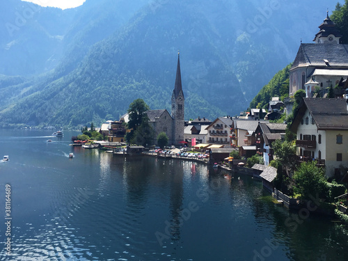 Center of Hallstatt near sunrise coast in Hallstatt Upper Austria