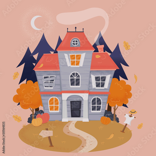 View of a wooden house in the forest against the background of the moon. Halloween party invitation template. Vector illustration. © Ольга 