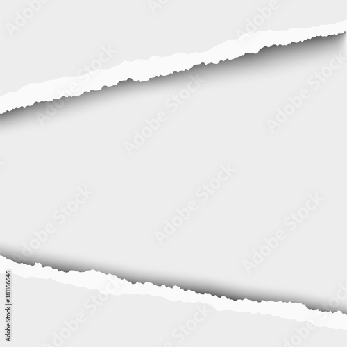 Torn, snatched window with white background in sheet of vector white paper.