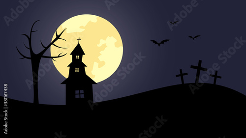 Dark silhoutte of abandoned church with tree and crosses at moony night