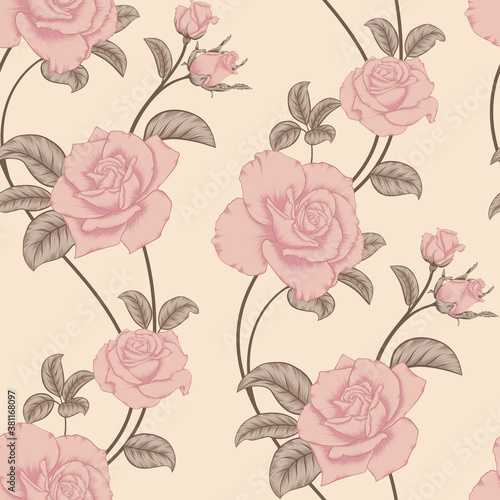 Seamless Pink Retro Roses and with Green Leaves on Retro Background Floral Pattern for Fabric and Textile Patterns